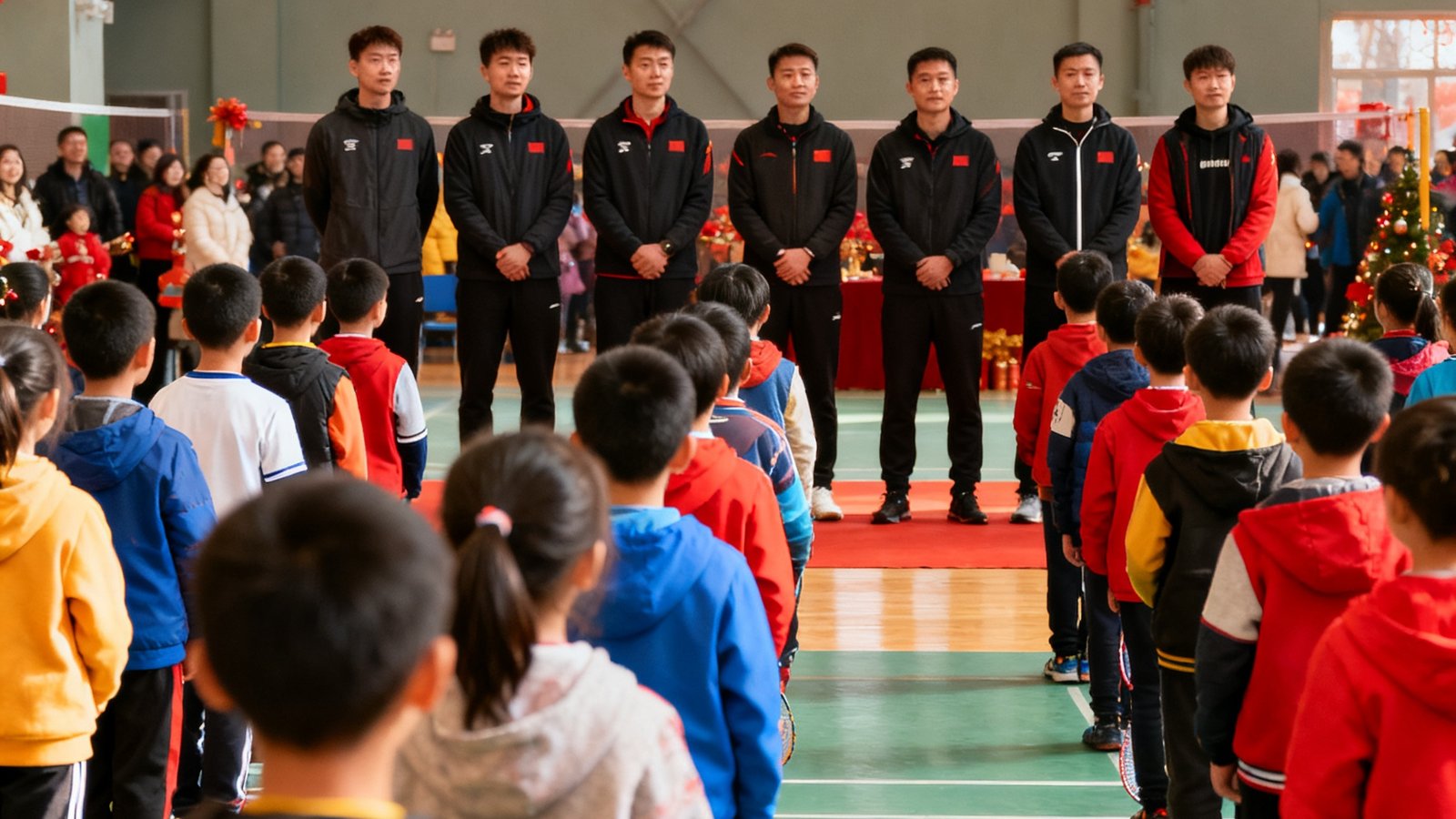 威廉体育2025年青少年羽毛球冬令营开营仪式现场，数十名小学员整齐列队，教练团队站在前方，背景悬挂红色横幅，场馆内气氛热烈。